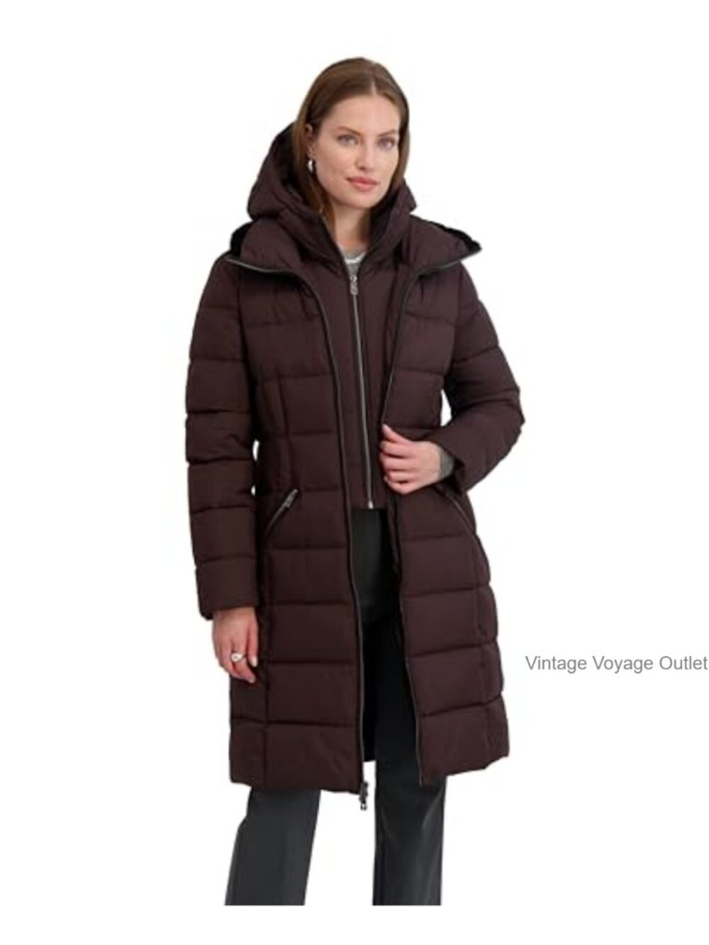 Slim Fit Quilted Puffer Coat with Attached Hood, Bib Insert, Zip Front, Long
